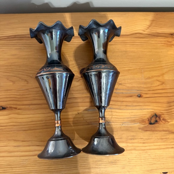 Vintage Bud Vase Set Pair Hand Etched Metal Dark Silver Copper Color - Picture 6 of 7
